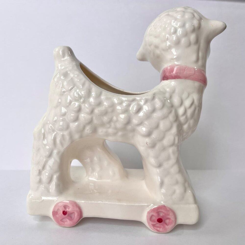 Vintage Japan Ceramic Lamb Planter Vase White Pink Nursery - Picture 2 of 15